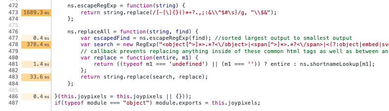 Dev tools sources view of the previous code snippet. 1689.3 ms are in the line in ns.escapeRegExp. 378.4 ms are in the var search line in replaceAll. Other lines don't exceed 35 ms.